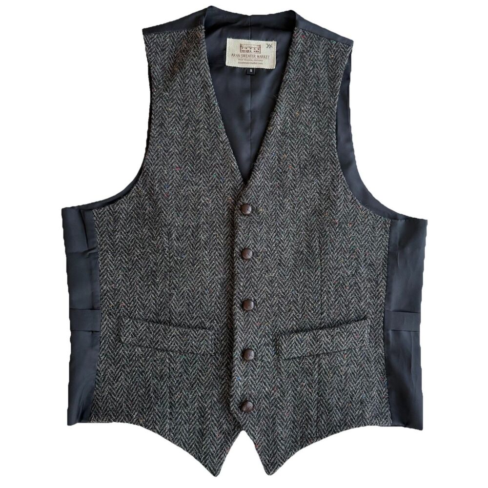 ARAN SWEATER MARKET Donegal Tweed Waistcoat Mens Small Charcoal Wool Vest